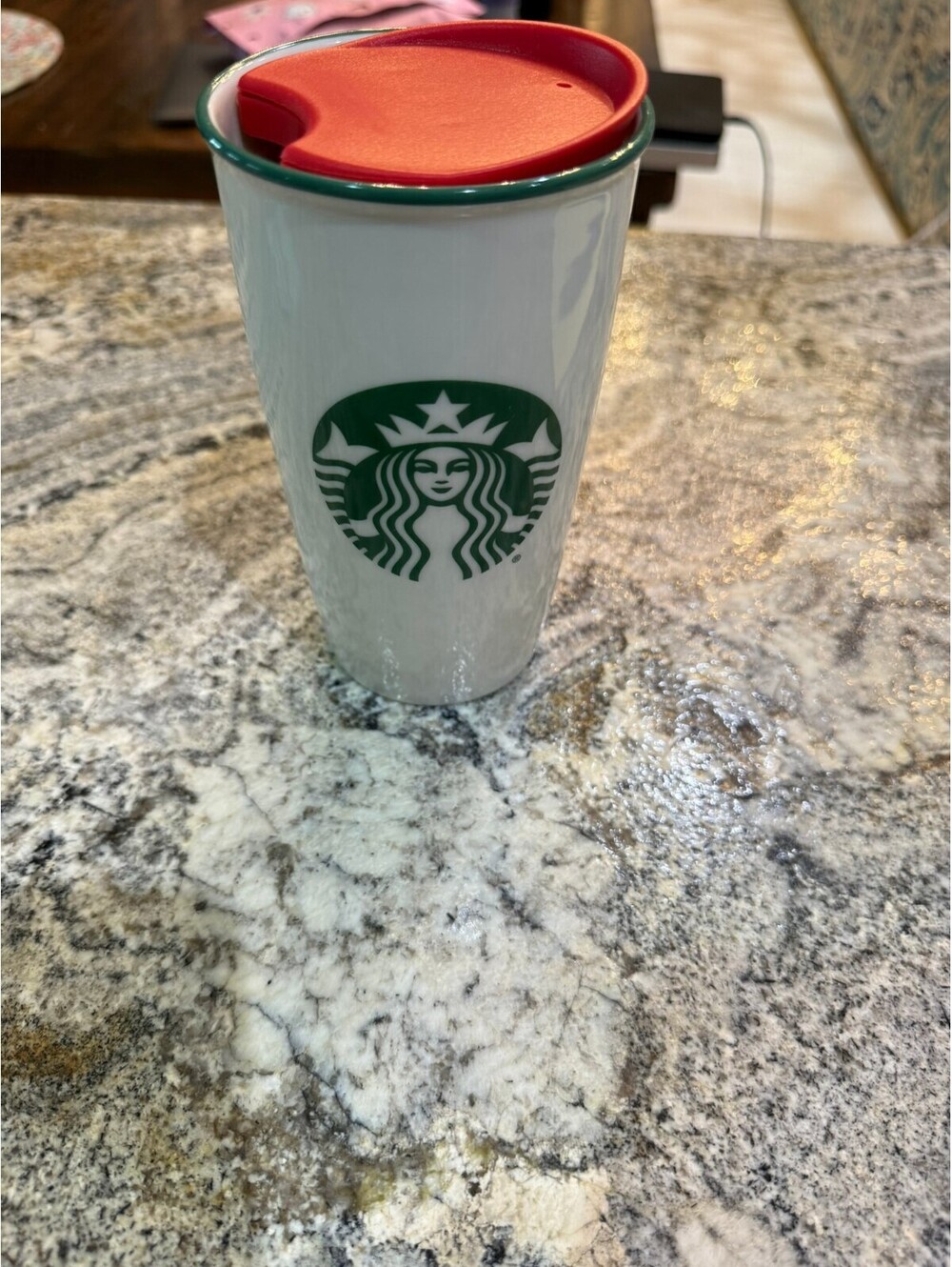 Starbucks Holiday Ceramic Travel Mug with Red Lid and Christmas Tree Design